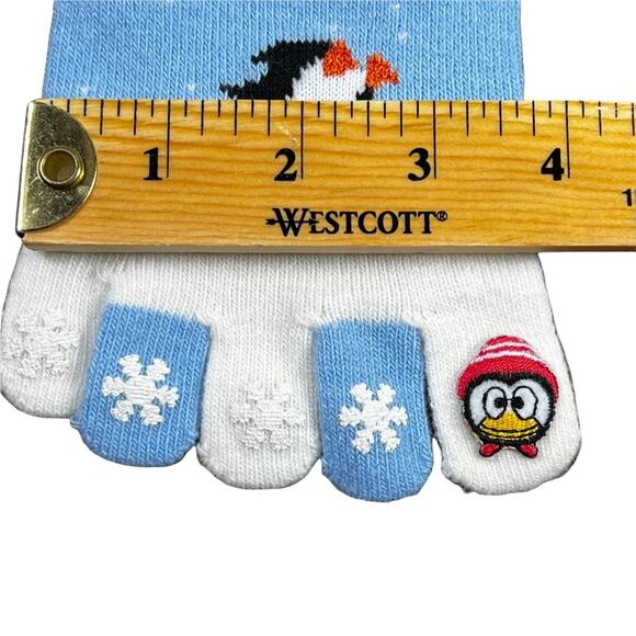 Festive Christmas Penguin Toe Socks in Blue with White Fluffy Fringe Snowflakes - Picture 10 of 10